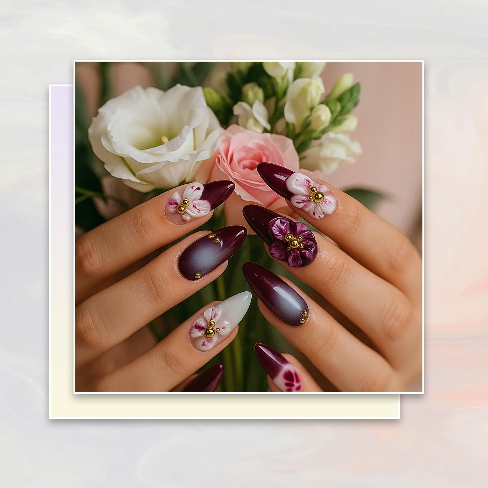 30PCS Blooming Peach Press On Nails with Accessory Tools, Reusable 3D Floral Almond Fake Nails Medium Long - Image 3