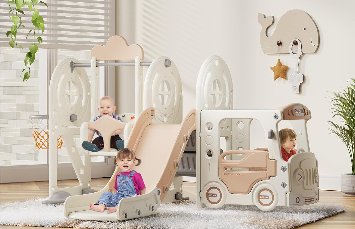 BIERUM Toddler Slide for Toddlers Age 1-3 with Basketball Hoop and Swing, Baby Slide for Kids Ideal Gift, Indoor Outdoor Backyard Playground Beige Coffee