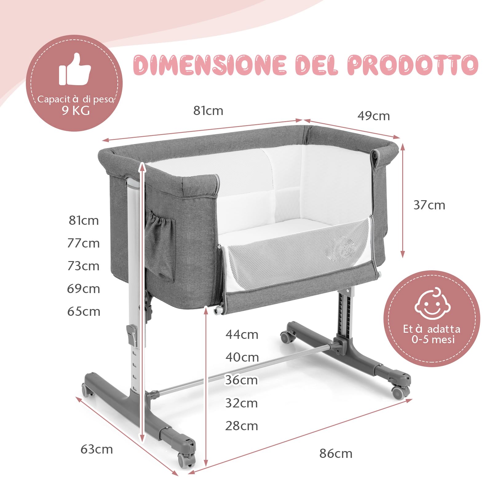 RELAX4LIFE 3 in 1 Culla Neonato Fianco Letto, Culla da Campeggio con Materasso e Cinghia Fissaggio, Regolabile In Altezza 5 Posizioni, Borsa per il Trasporto, per Bambini 0-6 Mesi (Grigio Chiaro)