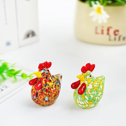 Miniatura 6 de H&D HYALINE & DORA Juego de 2 mini figuras de gallo de vidrio soplado de cristal de pollo coleccionable, adornos de animales de cristal para