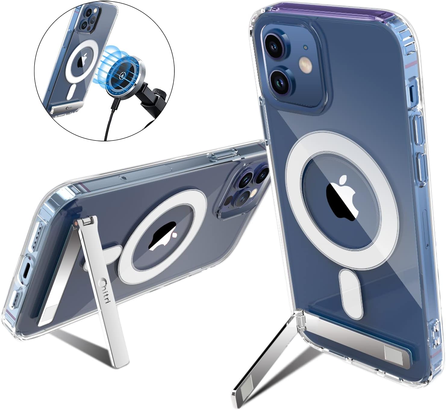 iPhone 12/12 Pro Clear Case 6.1 - MagSafe Compatible, Magnetic Metal Kickstand, Slim Shockproof Protective