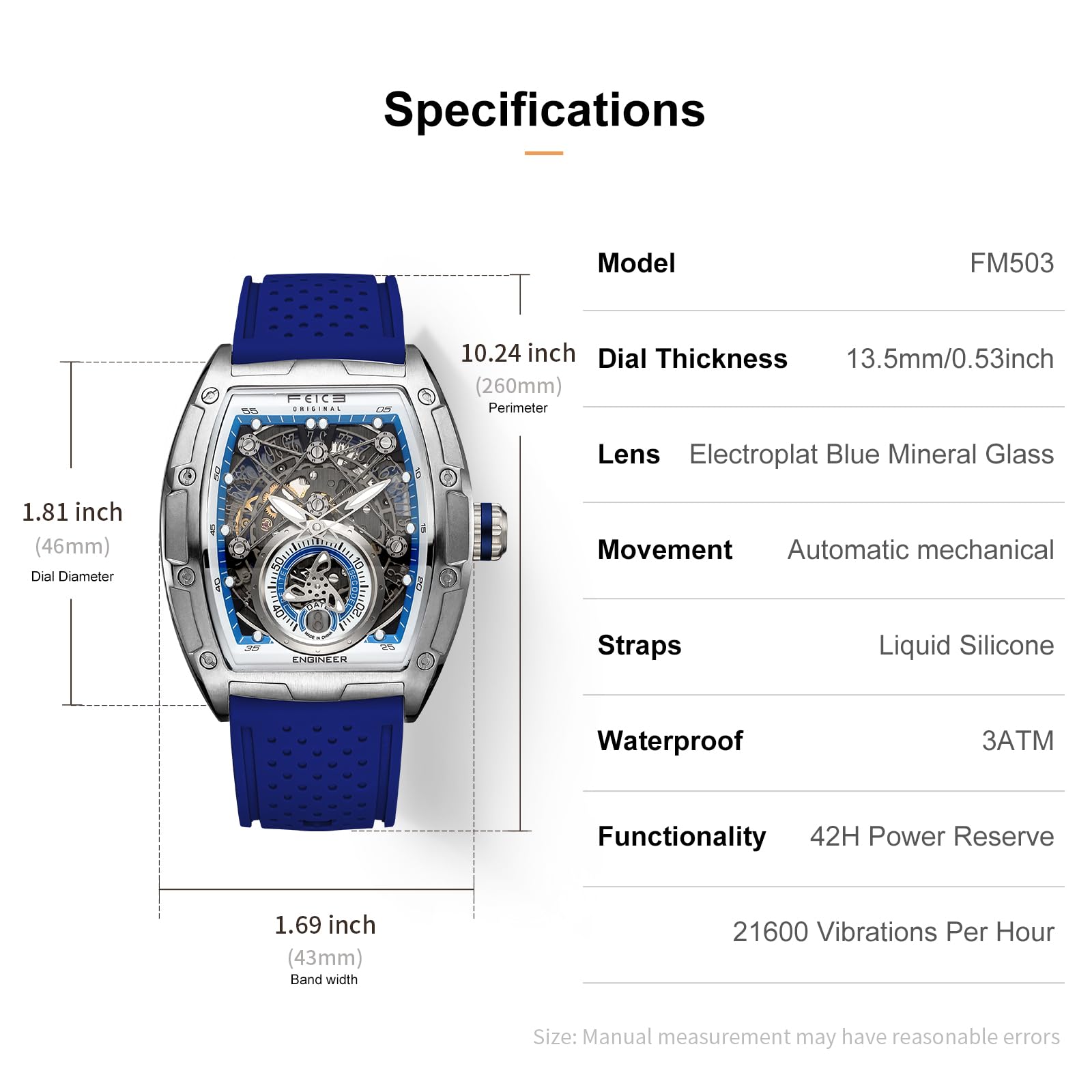 FEICE FM503 Orologio da Uomo Orologio Automatico Scheletrato Data Blu | Meccanico, Data, Forma a Barilotto, Vetro Minerale Blu Galvanizzato, Cinturino in Silicone Liquido, Cassa in Acciaio Inox