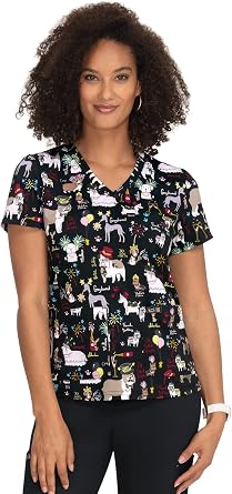 KOI Basics Leslie Womens 2-Pocket Stretch Print Top Fancy Party Large