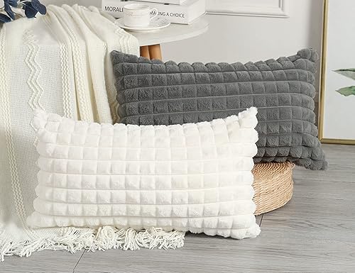 Miniatura 3 de PANOD Fundas de almohada lumbar largas decorativas de piel sintética de 16 x 24 pulgadas, diseño a cuadros 3D, fundas de almohada rectangulares