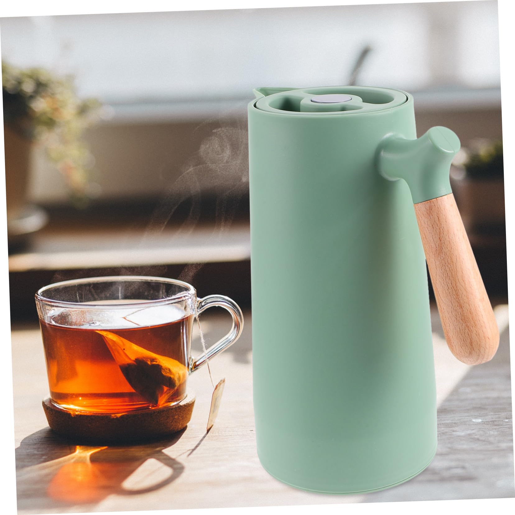 Isolierte Glas Wasserflasche mit Großem Fassungsvermögen Dicht und Tropfsicher mit Breitem Holzgriff Modisches Design für Tee und Heißgetränke im Haushalt