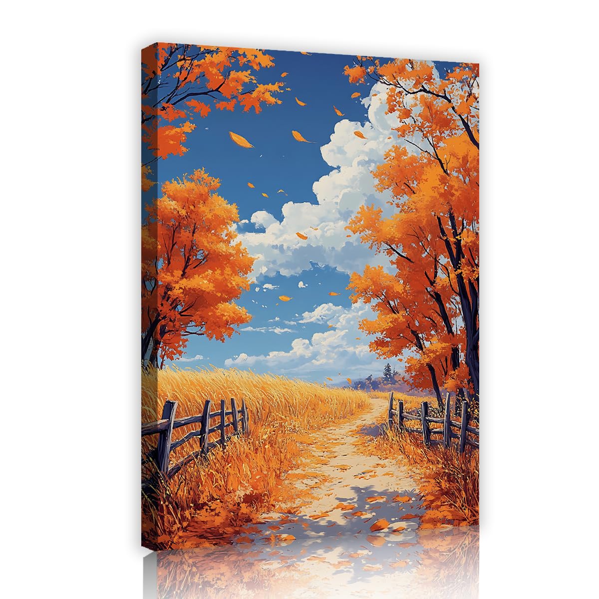 Via Vela Ciel bleu nuages toiles imprimées clôture rustique art mural d’automne sentier d’automne doré encadré affiche paysagère de champ de campagne pour l’entrée décoration de l’étude 70x110cm