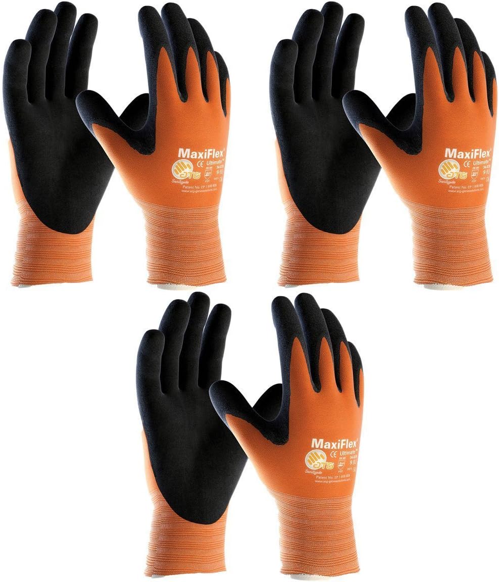 ATG 3 Pack Maxiflex Ultimate Hi-Vis Work Gloves 34-8014, (Sizes S-XL), X-Large, Orange