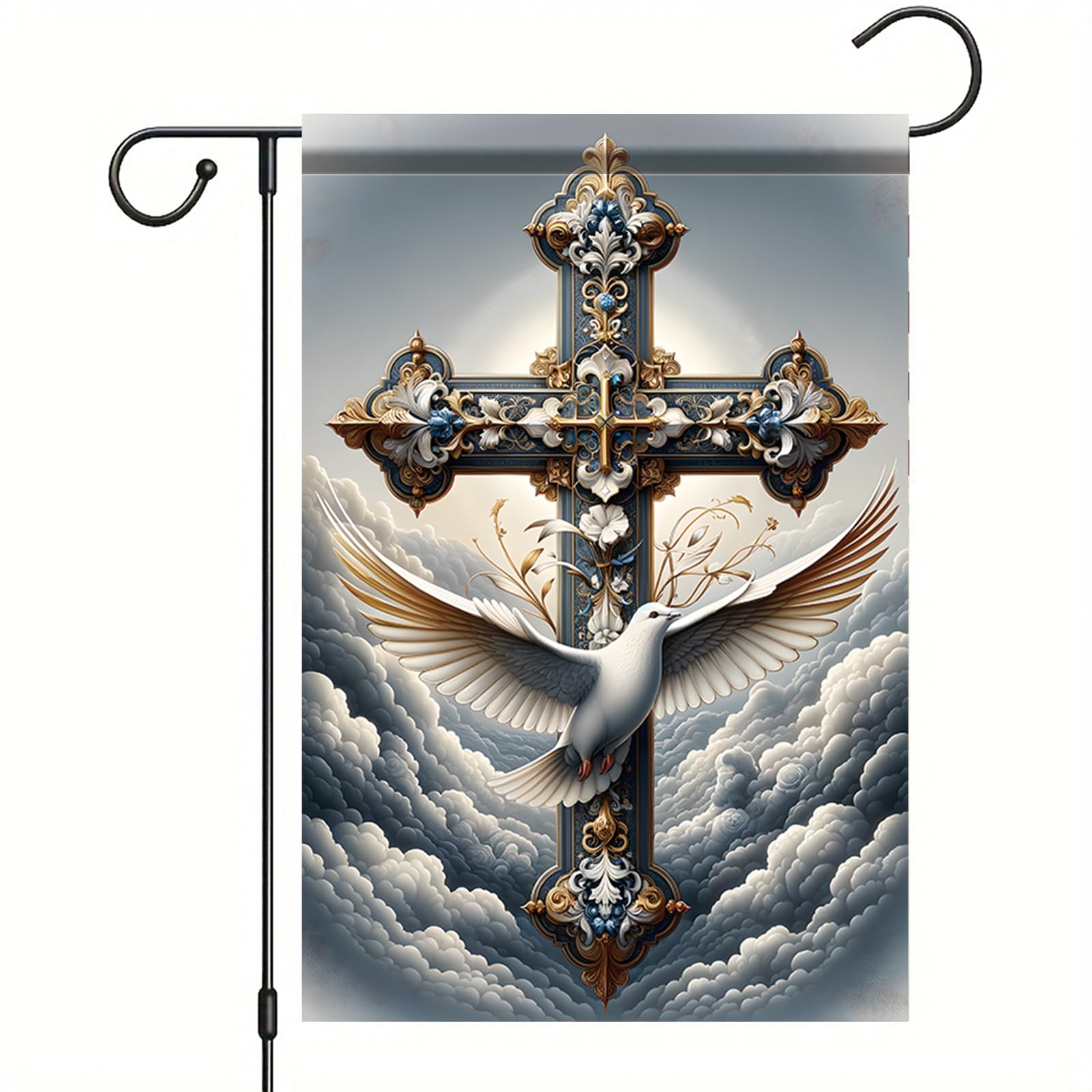Jesus Christian Cross Garden Flag 12x18 Inch Double-Sided Religious Outdoor Banner Decorative Yard Sign with Dove Clouds Easter Holiday Faith-Based
