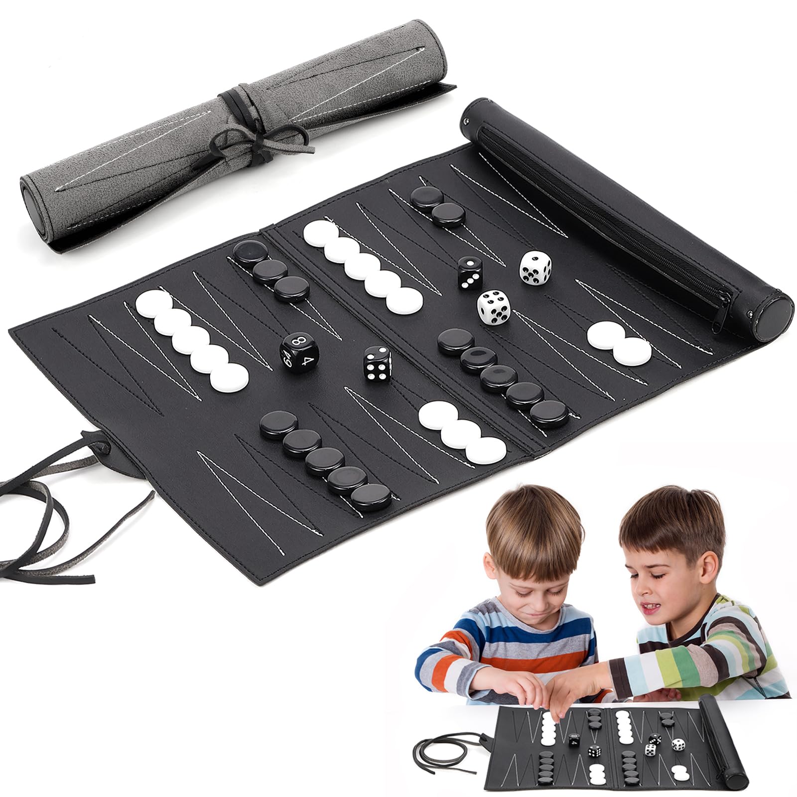 Backgammon De Voyage à Enrouler - Plateau 35.5x25.2 Cm, 30 Pions, 5 Dés - Jeu Portable Pour Famille, Vacances Et Soirées