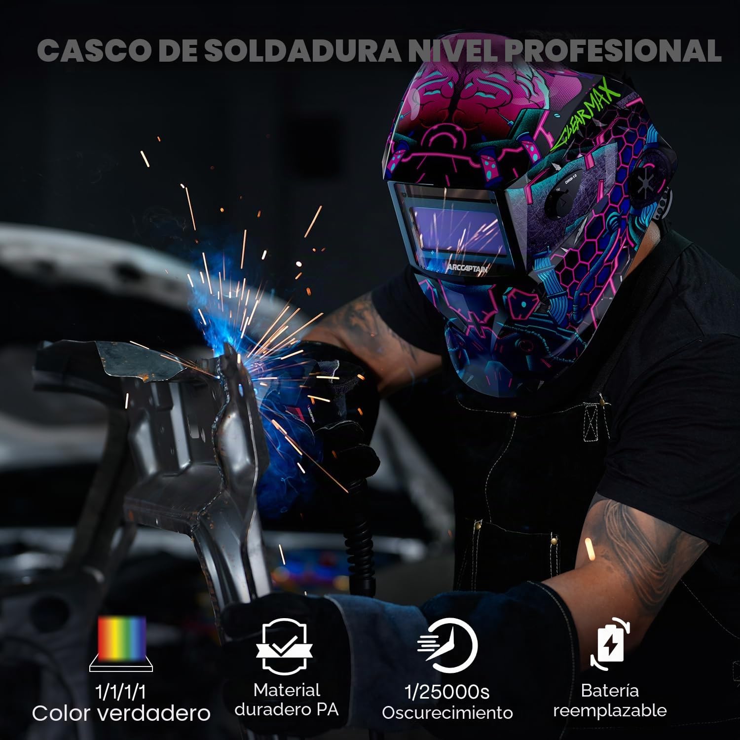 ARCCAPTAIN Casco de soldadura con pantalla de visualización grande, 1/1/1/1 de claridad óptica superior, oscurecimiento automático, sensor de 4 arcos, tiempo de respuesta de 1/25000s, casco de