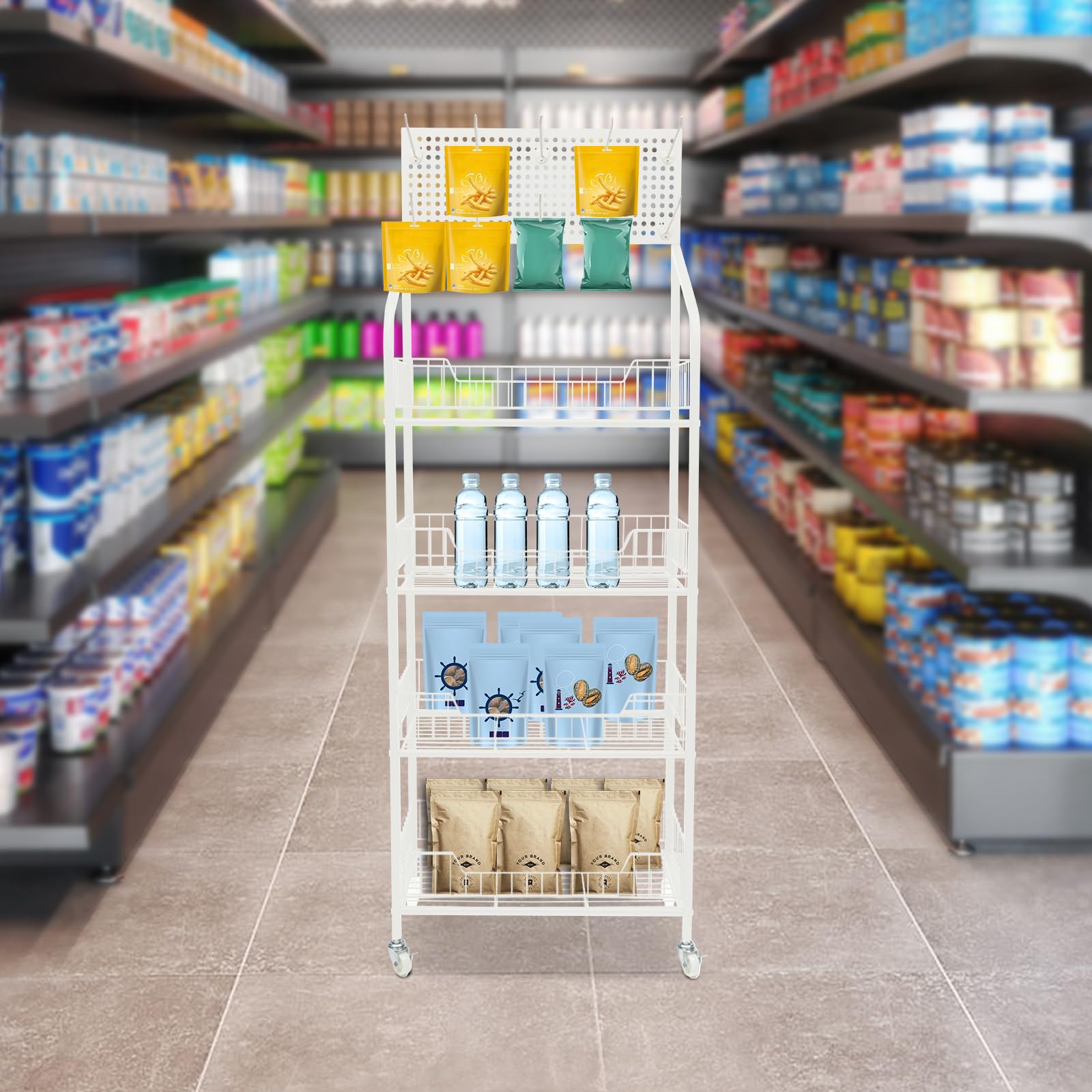 4 Tier Retail Display Stand Rack Basket Stand with Wheels & 10 Hanging Hook, Metal Farmers Market Shelf Storage Shelves for Pantry Fruit Vegetable Snack,Bread, Kitchen Store Bakery Supremarket