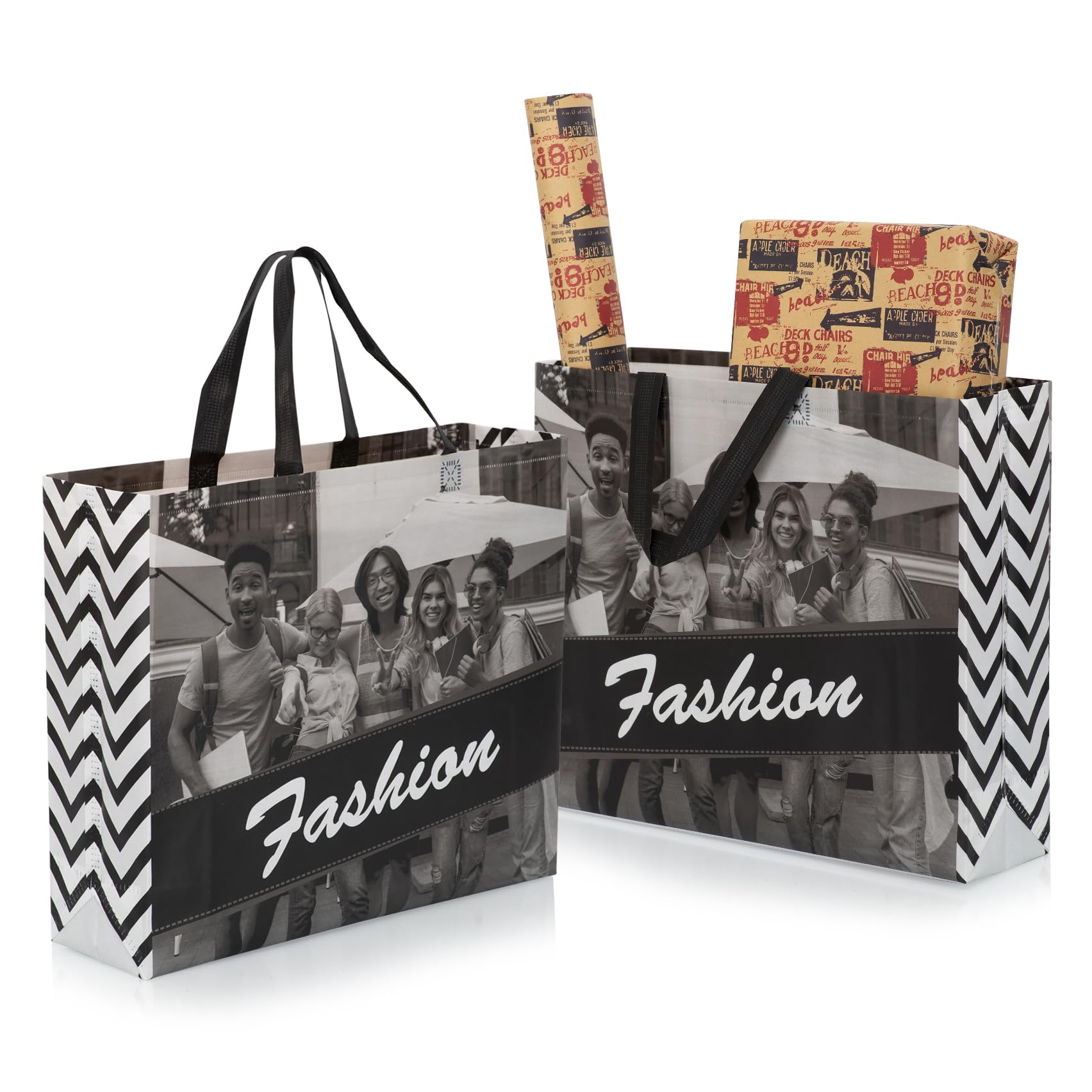 Drapme Reusable Non-Woven Laminated Gift Bags, Wedding Gifts, Shagun, Modern Gifting, Hampers, Chocolates,Perfume,Cosmetics Carry Bag (Fashion Black&White, Pack of 10)