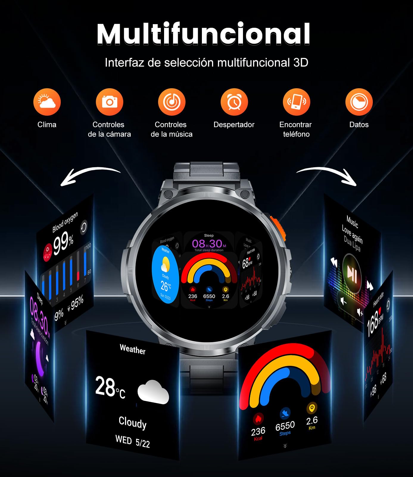 Reloj Inteligente Hombre-1.85'' Grande Pantalla /730 mAh Batería,Smartwatch Hombres con LED Linterna/120+ Modos Deporte,IP68 Impermeable,24/7 Frecuencia Cardíaca,Monitor de Sueño para Android iOS