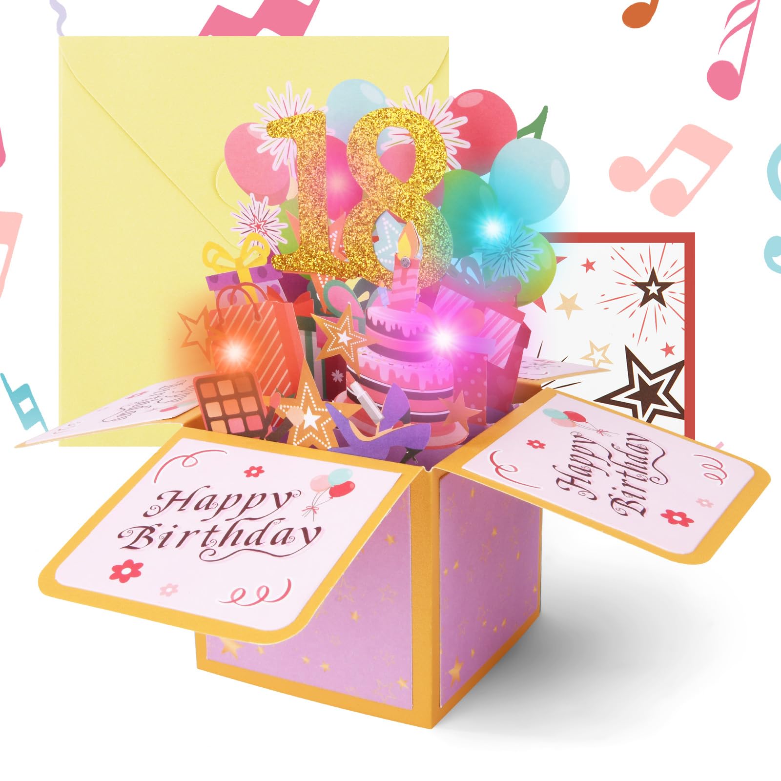 OFFCUP 18. Geburtstagskarte 3D Grußkarte mit Musik und Licht zum 18 Geburtstag Pop Up Karte Happy Birthday Geburtstagskarten Geburtstagsgeschenk für Frauen Kinder Freundin Männer (Gold Pink)