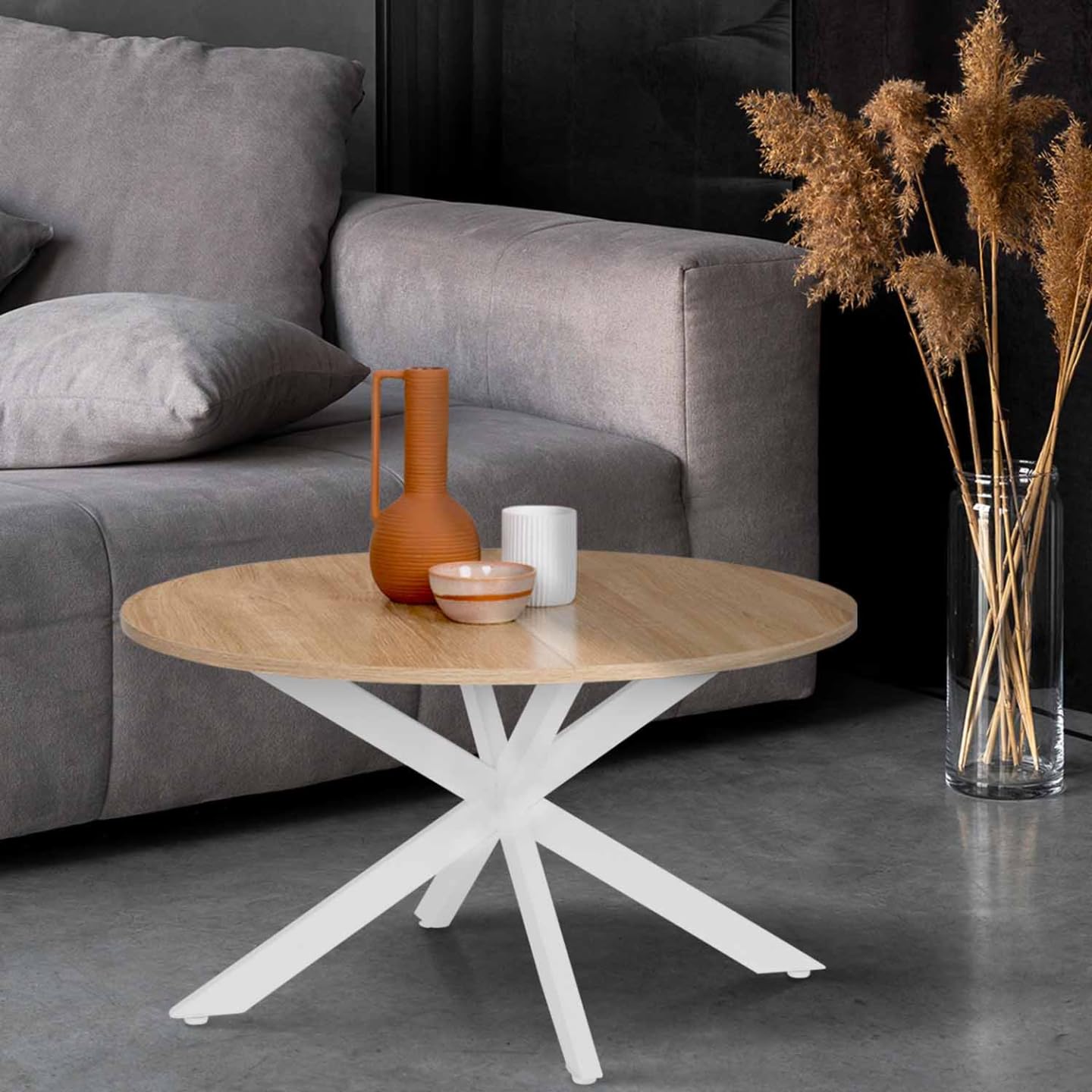 IDMarket - Mesa baja redonda Alix con patas de araña de 70 cm, madera y blanco