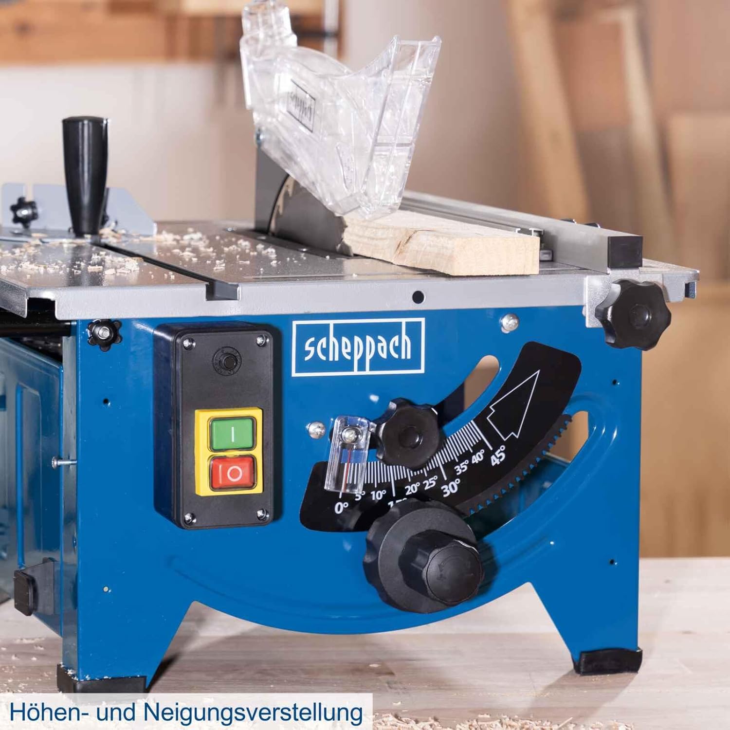 Scheppach HS80 Table Top Sawbench height and tilt adjustment