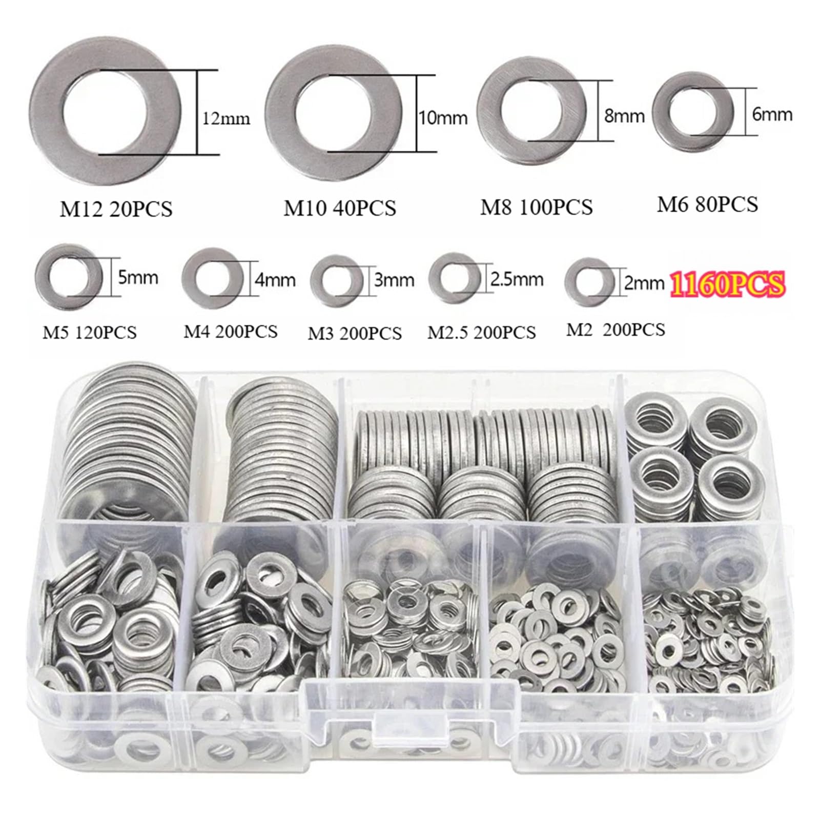 Edelstahl Beilagscheiben 180/360/580/1160-teiliges 304-Edelstahl-Unterlegscheiben-Set, M2-M12 for Heimdekoration, Fabrikreparatur, Küchen, Geschäfte und mehr(1160pcs with box)
