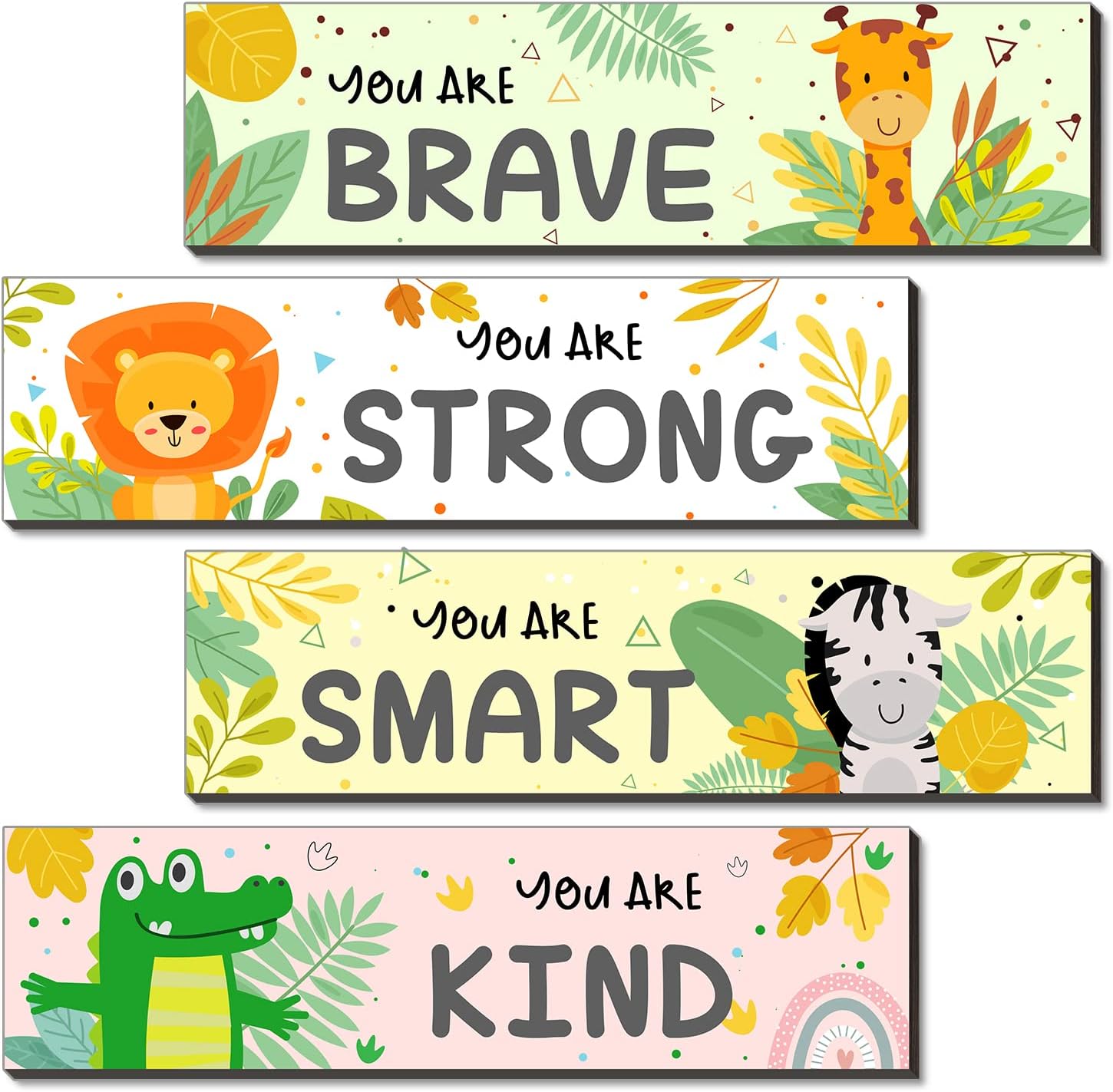 UBLURO Jungle Animals Wall Art Decors - Motivational Wall Art，Jungle Animals Wooden Hanging Wall Prints Plaques，Nursery and playroom Decor -Set of 4