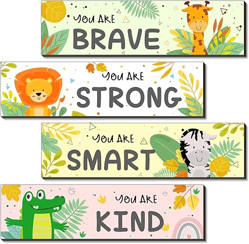 Decoración de pared de animales de la selva, arte motivacional de pared, animales de la selva, placas colgantes de madera, decoración de guardería y