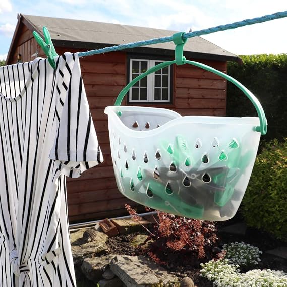 JVL Peg Basket with Built-In Attachable Clothes Hook Line with 36 Coloured Pegs