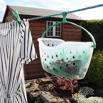 JVL Peg Basket with Built-In Attachable Clothes Hook Line with 36 Coloured Pegs