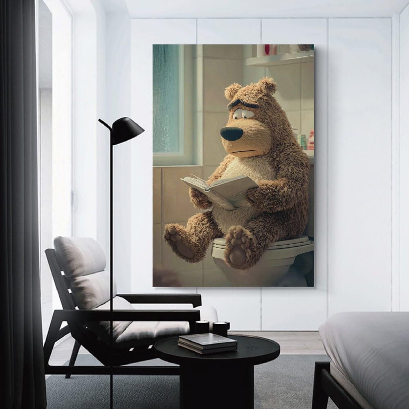 Junmoney Sad Bear Reading on Toilet Home Decor Wall Art, 12x18inch(30x45cm), for Apartments, Flats Or New Home Decor, An Easy Choice for New Home Styling