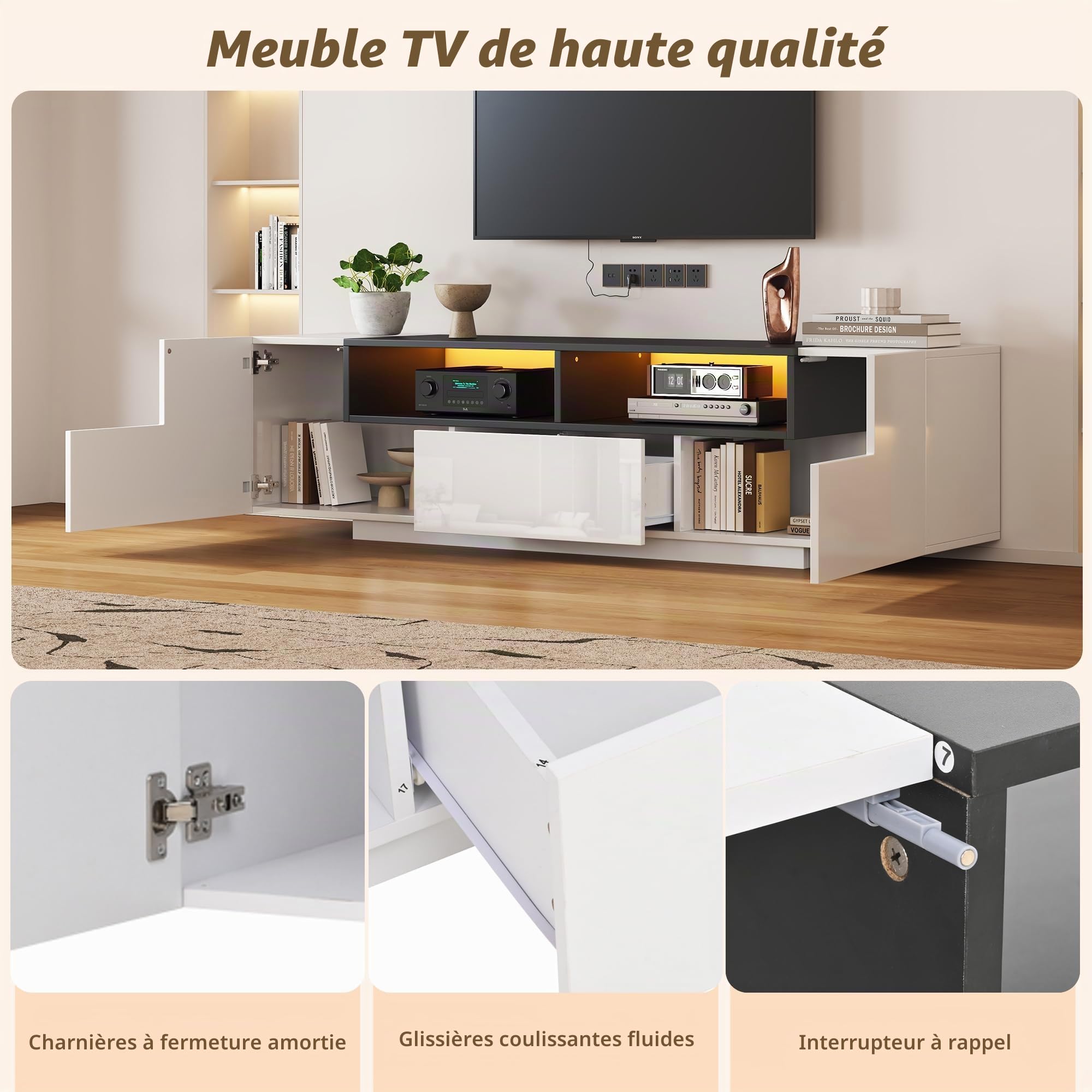 Meuble TV avec Lumières LED et Tiroirs, Armoire de Télévision avec 2 Portes Form L et Espace de Rangement Ouvert, Meuble Télé de Salon, Armoire Basse Salle de Séjour Intérieur (Blanc-4W)
