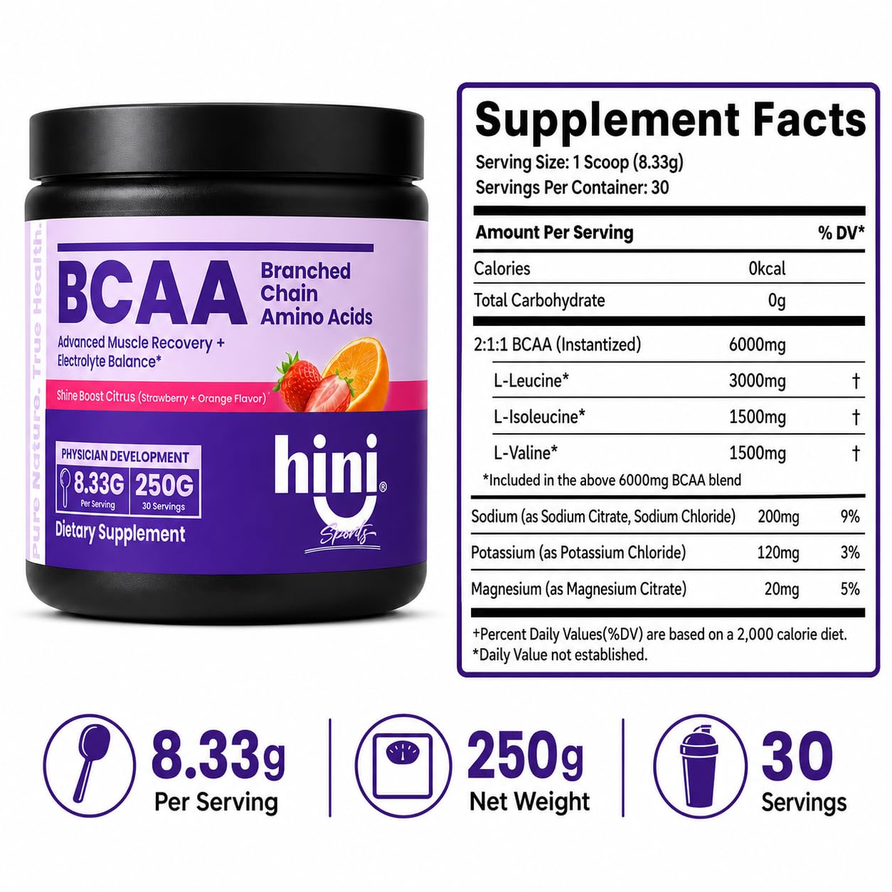 HINI BCAA Powder, 2:1:1 Branched Chain Amino Acids with Electrolytes, 6000mg BCAA Blend, L-Leucine, L-Isoleucine & L-Valine, Strawberry Orange Flavor, 250g, 30 Servings — Amazon image 6