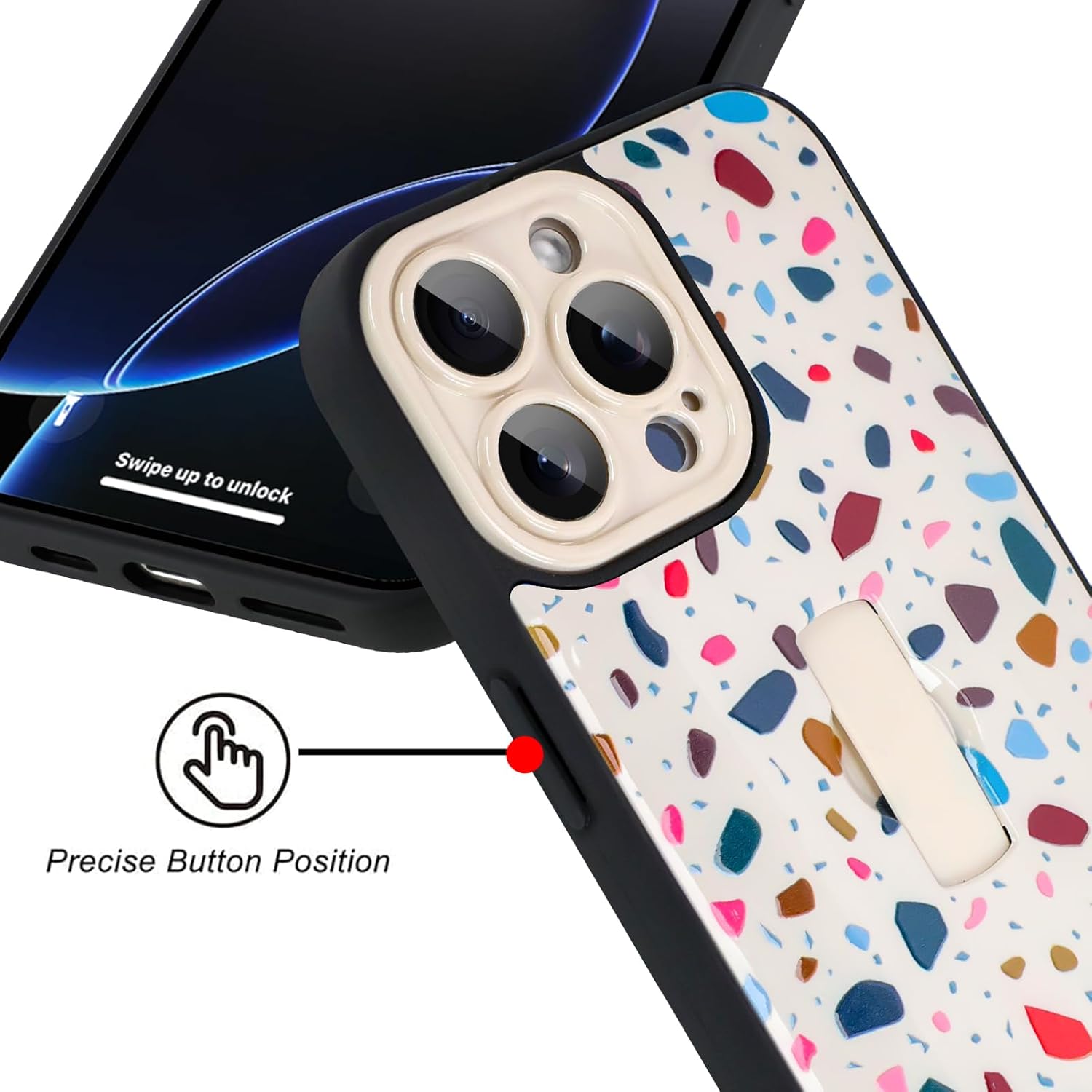 SAKUULO for iPhone 16 Pro Case with Finger Hand Strap Kickstand, Cream Terrazzo Print Pattern Phone Case for Women Men, Strengthen Protection Cover, Cream Terrazzo (6.3") - Image 4