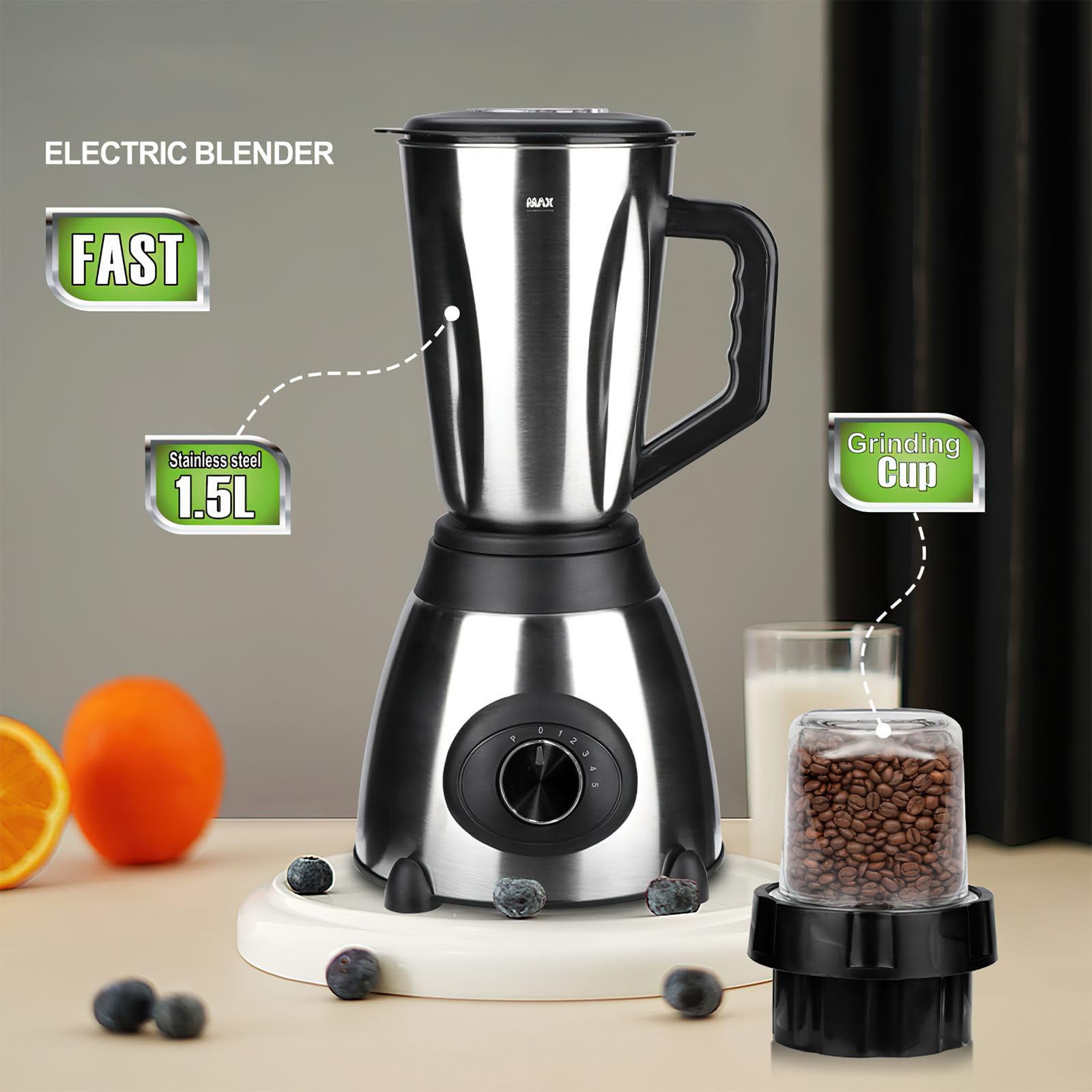 Batidora de 1,5 l, cuenco de jugo de acero inoxidable 1000 W, licuadora para batidora, jugo de frutas y verduras, licuadora portátil para deportes, viajes y hogar (Negro)