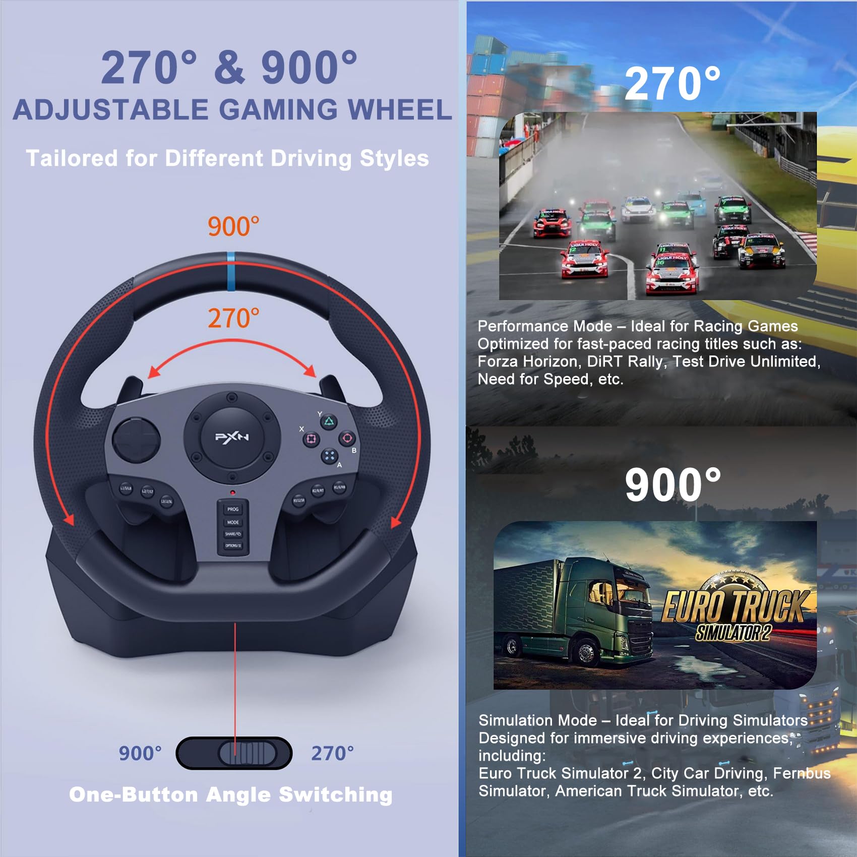 PXN V9 Volant de Jeux avec Pédales et Levier de Vitesses, 270/900° Volant de Course, Retour de Vibratoire pour PS4, Xbox One, Xbox Series X&S, PC, PS3, Switch