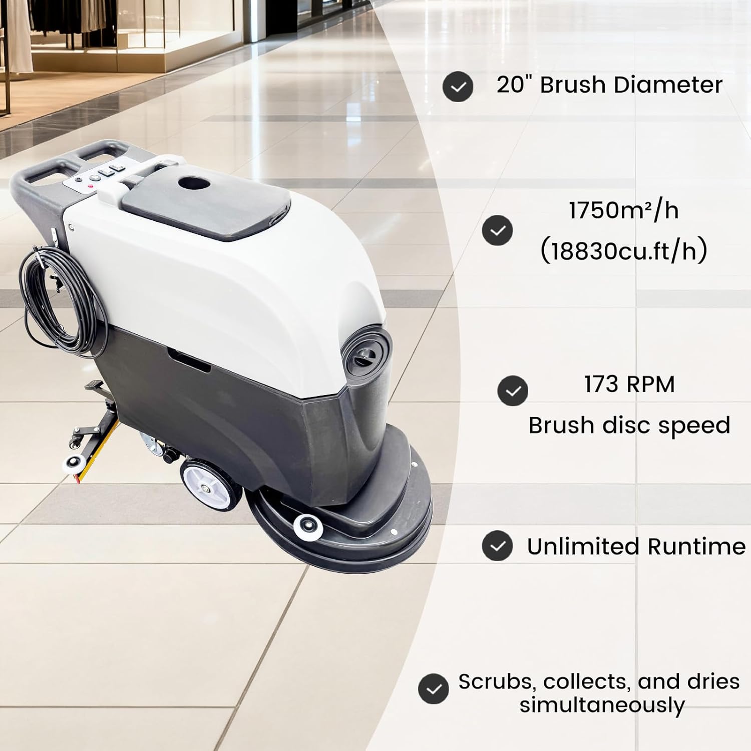 110V Commercial Auto Floor Scrubber Machine - 20" (510mm) Brush, 173RPM Speed, 23.8 Gallons Dual Tanks , 1750m²/h Cleaning Rate, Commercial Walk-Behind Floor Polisher