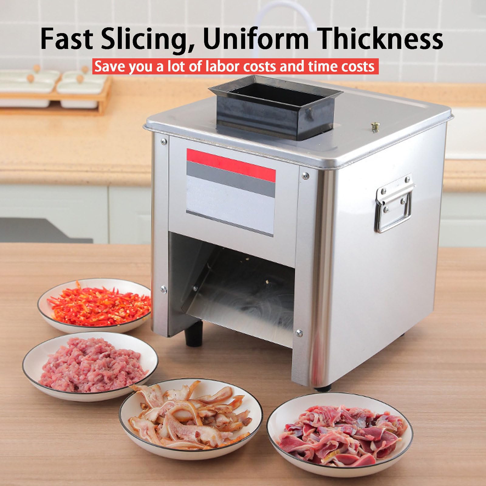 Affettatrice Elettrica Commerciale, 850W Affettatrice Verticale per Carne, con Vassoio, Affettatrice per Pesce, Manzo, Pollo e Verdure In Acciaio Inossidabile,3mm