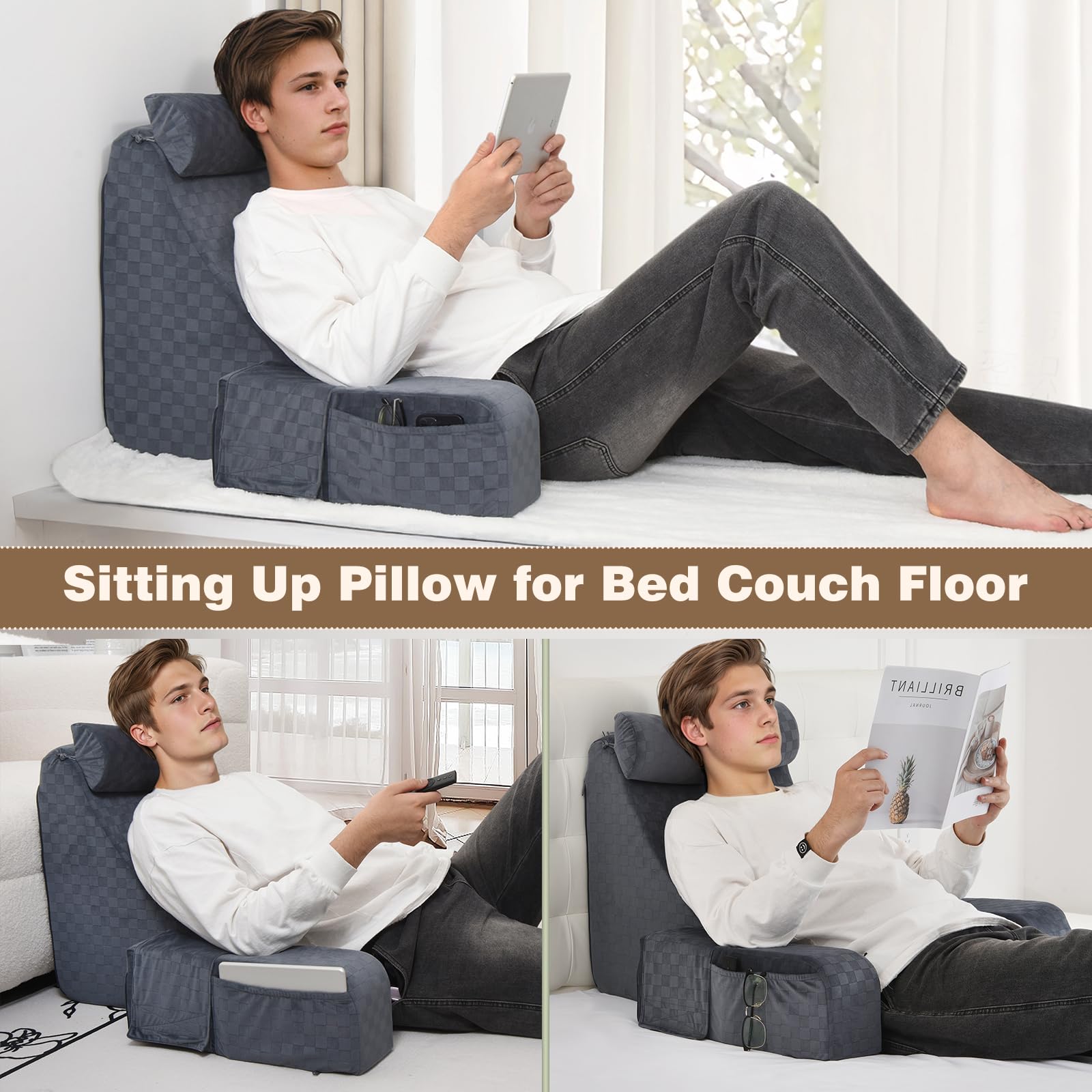Vekkia 21" Lesekissen für Bett und Sofa, Lesekissen mit Rückenlehne für Erwachsene, Armlehnen, Großen Taschen, Ideal zum Entspannen, Fernsehen, Stillen, zur Erholung und zum Spielen, Schwarz Grau