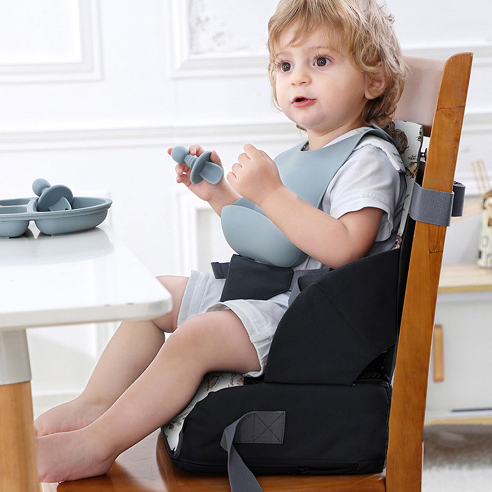 Asiento ajustable para niños pequeños para comer, respaldo protector antideslizante, silla de aumento de altura, asiento plegable portátil