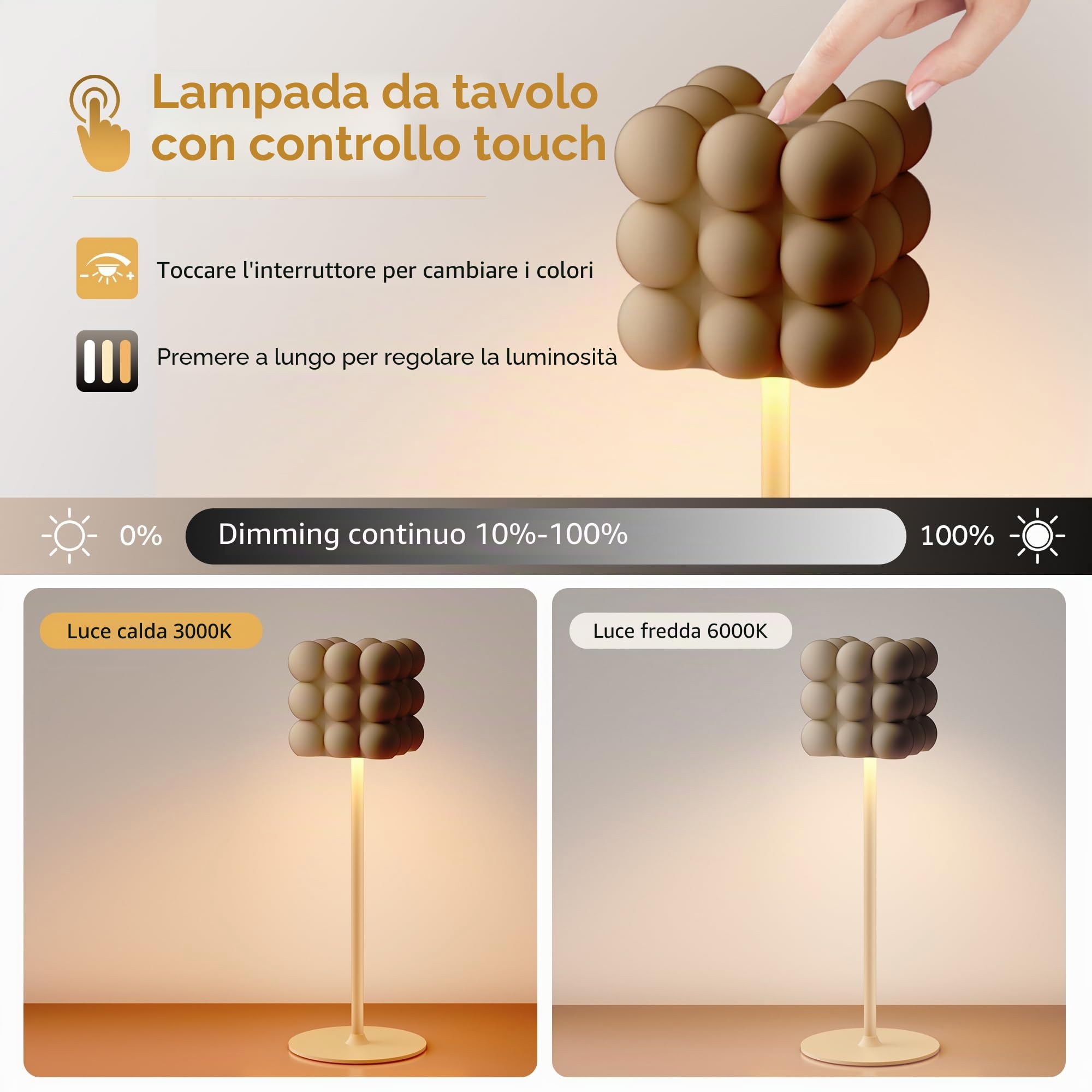 DEELUX 2 Pezzi Lampada da Tavolo senza fili,LED Lampada da comodino touch | Lampada Tavolo Ricaricabile Dimmerabile In Metallo,3000K/6000K,IP44 Impermeabile,Luce da Tavolo Esterno/Interno(Beige)