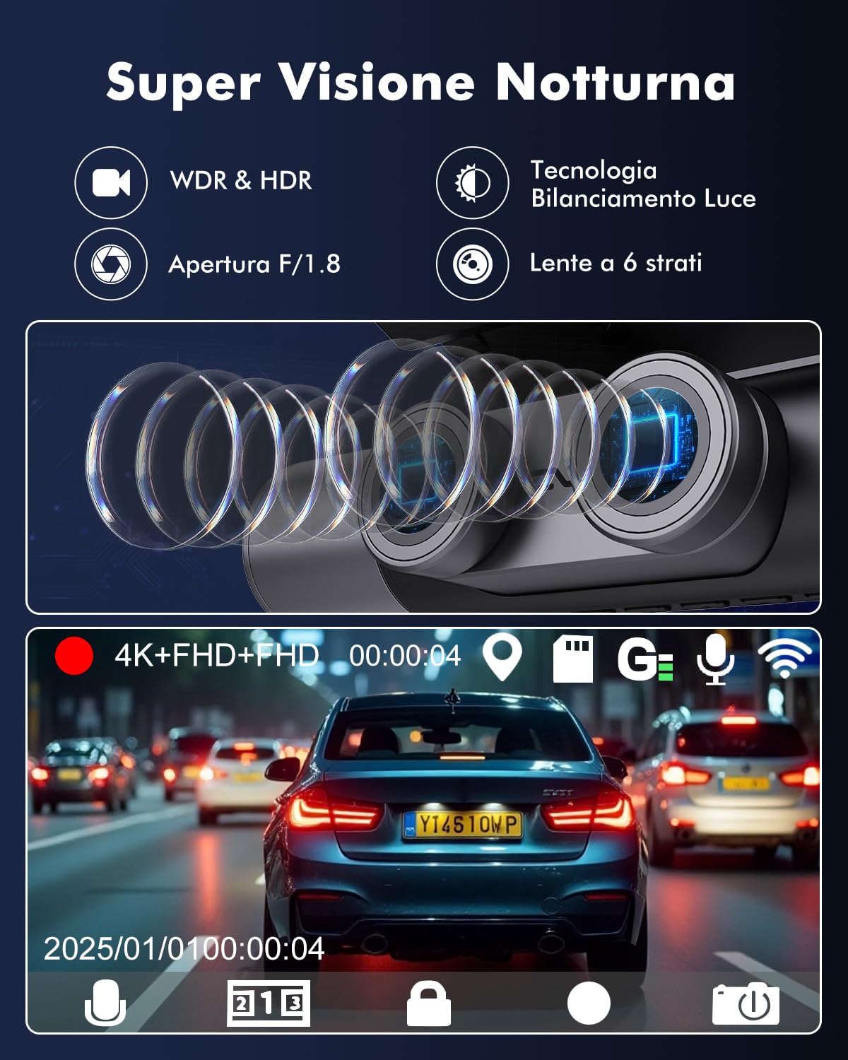 Dash Cam Auto 3 Canali, 4K UHD Anteriore + Full HD Posteriore + Interno, Dashcam con Sorveglianza Parcheggio 24h, WiFi 6 e GPS, Visione Notturna HDR/WDR, Dashcam con scheda 64GB (V1)