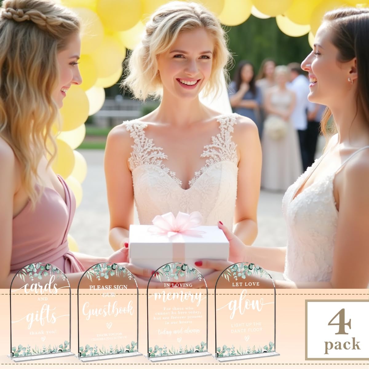 4 Pcs Acrylic Wedding Signs for Reception, Bridal Shower Decorations, Cards and Gifts Signs, Guest Book Sign, Arch Acrylic Table Top Sign with Holder for Wedding Reception (Clear Eucalyptus Leaves) - Image 3