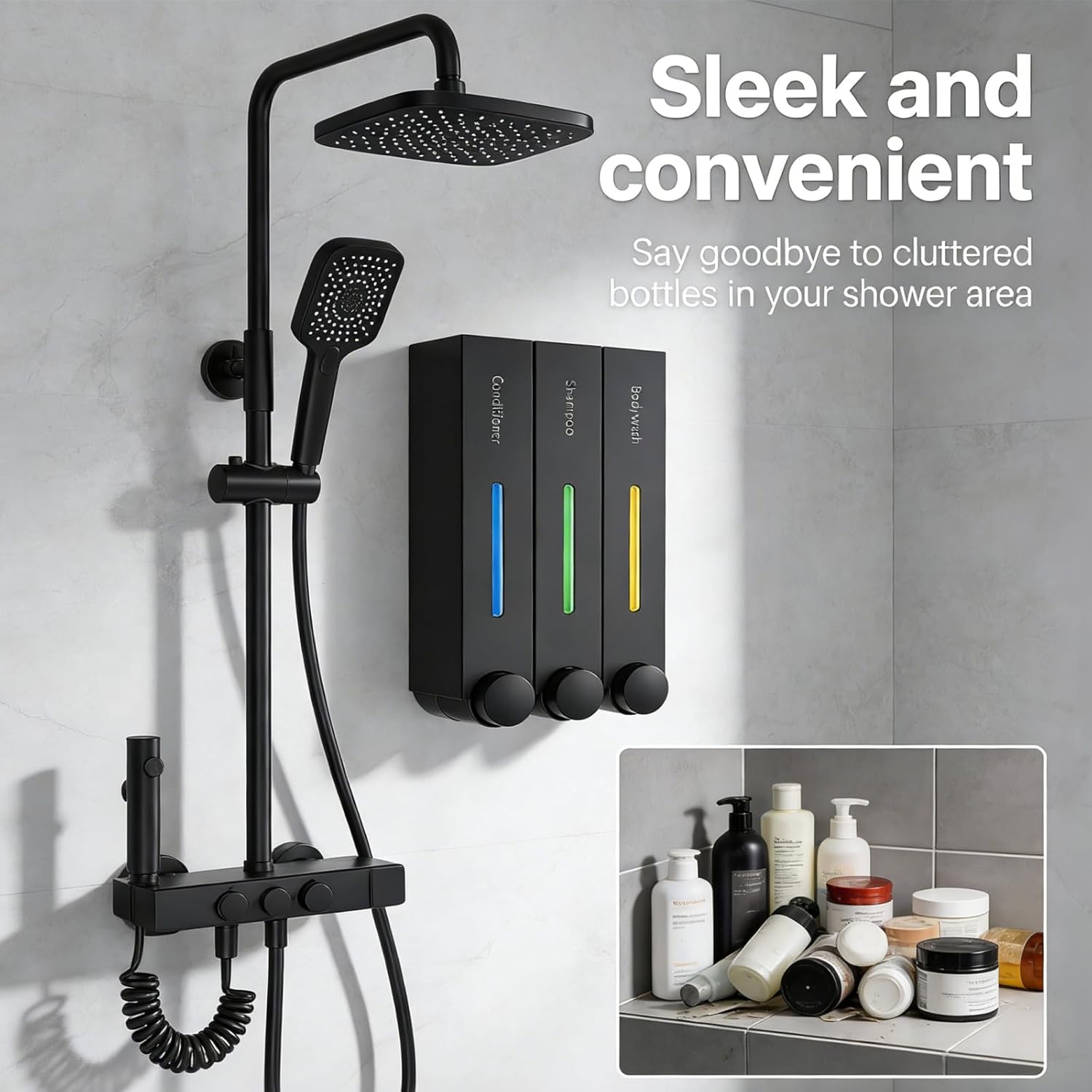 2 Set Shampoo and Conditioner Dispenser- Wall-Mounted 3-Chamber Shower Soap Dispenser, Shower Pump Dispenser and Organizer for Bathroom Kitchen Hotel, No-Drill, 1200ML