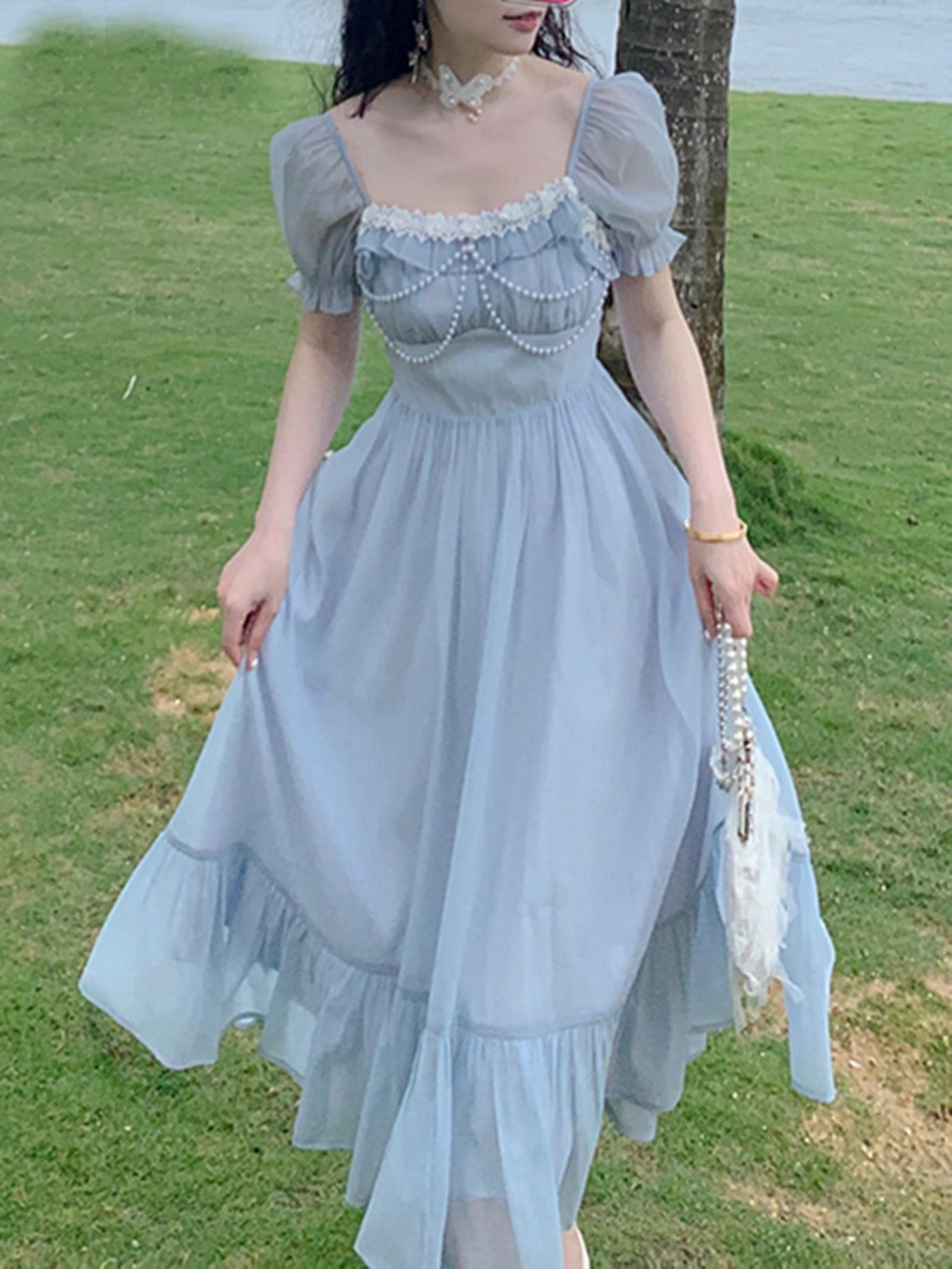 French Vintage Dress Women Puff Sleeve Square Collar Elegant