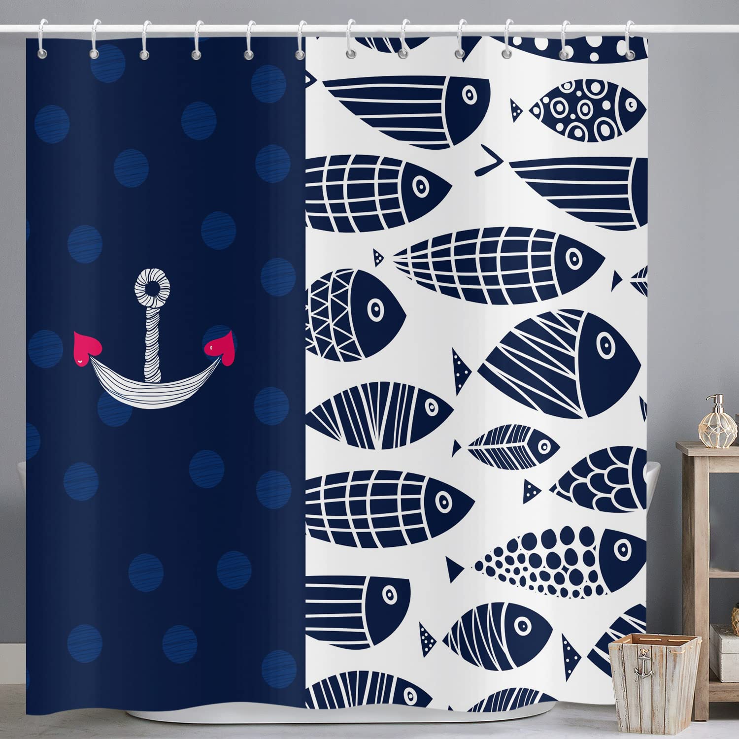 ASDCXZ Shower Curtain Fish 150x180 cm, Navy Blue White Splicing Maritime Nautical Anchor Fish Washable Bath Shower Curtains Polyester Textile Waterproof Shower Curtain for Bathtub with 10 Hooks — image 1