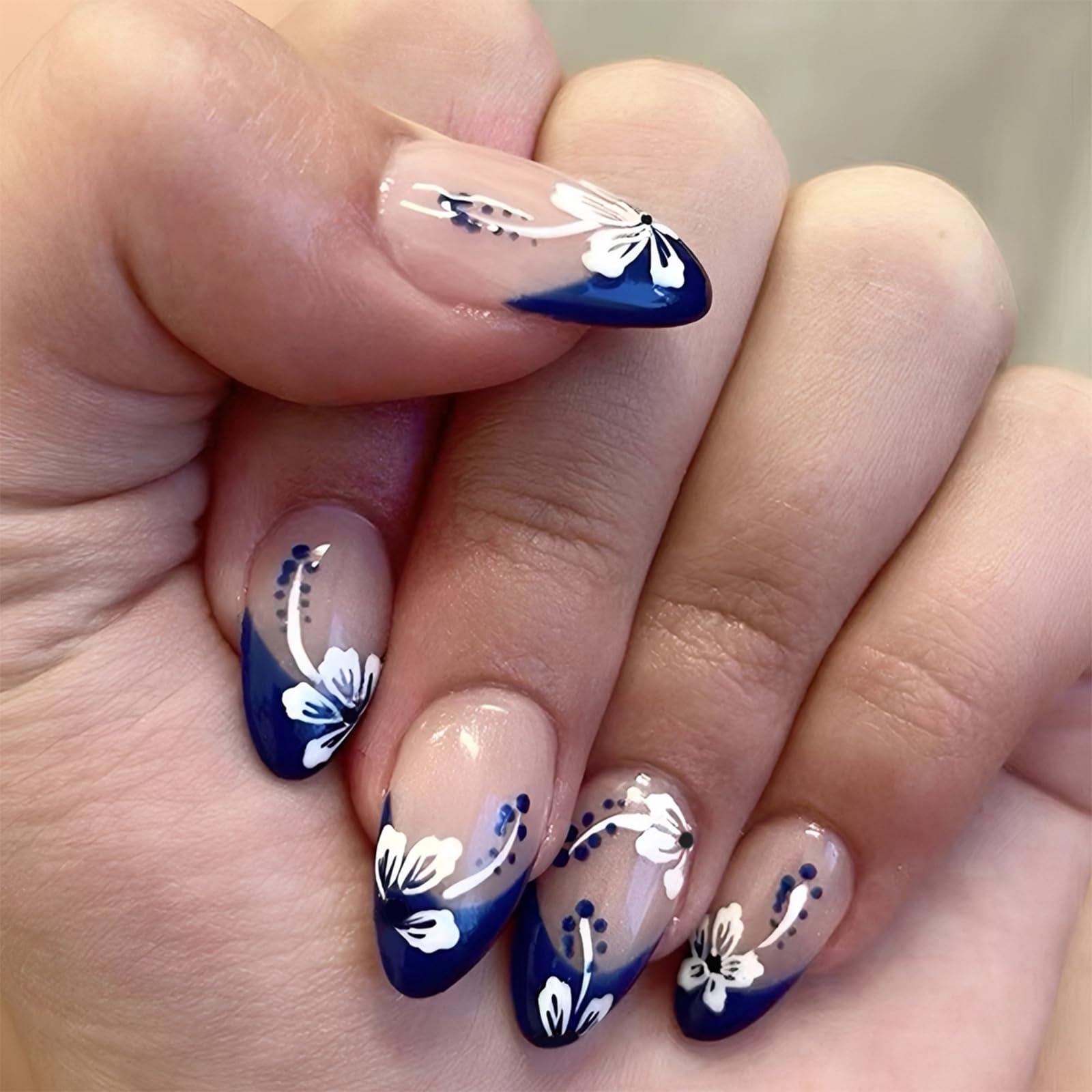Press On Nails Almond Shape Blue White Floral 24PCS | Almond Shape Design, French Tip Style, Reusable Artificial Nails, Easy Home Application, , Daily Fashion Wear, DIY Nail Art-picture-11