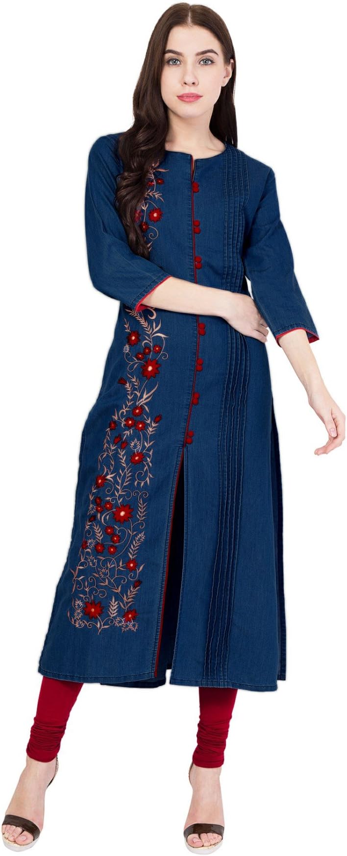 Pinky Pari Deanim Women's Front Slit Embroidered Blue Long Straight Kurta