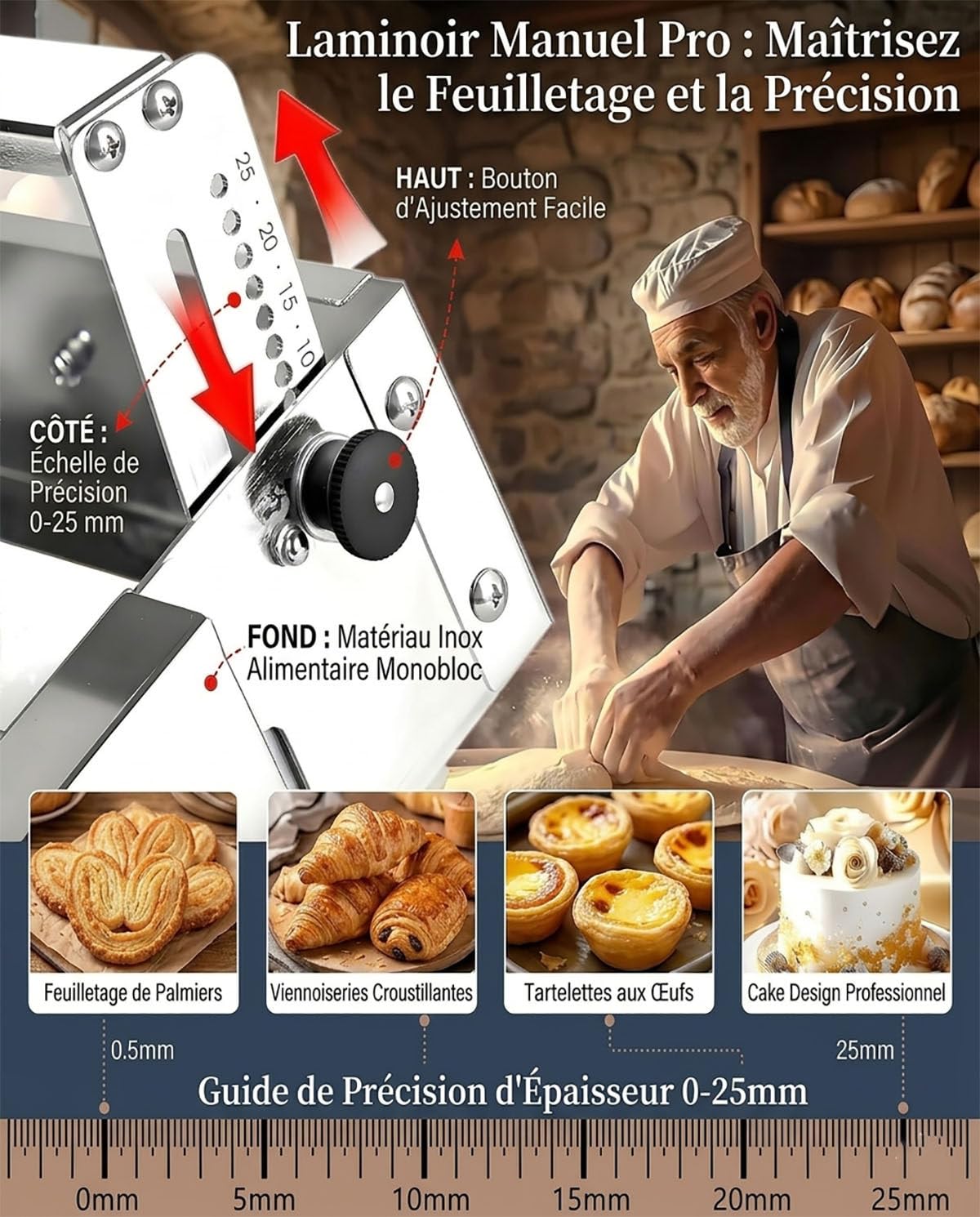 Laminoir Manuel Pliable 304 INOX - Machine à Pâte Pro 0-25mm, Laminoir Domestique pour Croissants, Pâte Feuilletée, Pizza et Biscuits - Design Compact Gain de Place 40x90cm