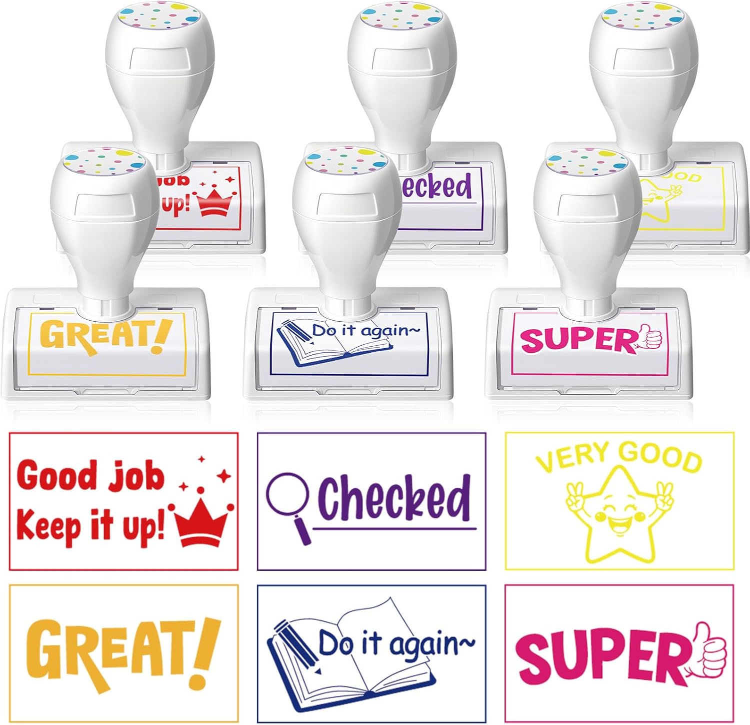 Feifeiya 6 Pcs Teacher Stamps for Grading Self Inking Checkbox Grading Refillable Completed Learning Classroom Stamps, Teacher Gifts for Back to School Student Homework Supplies (Positive Style)