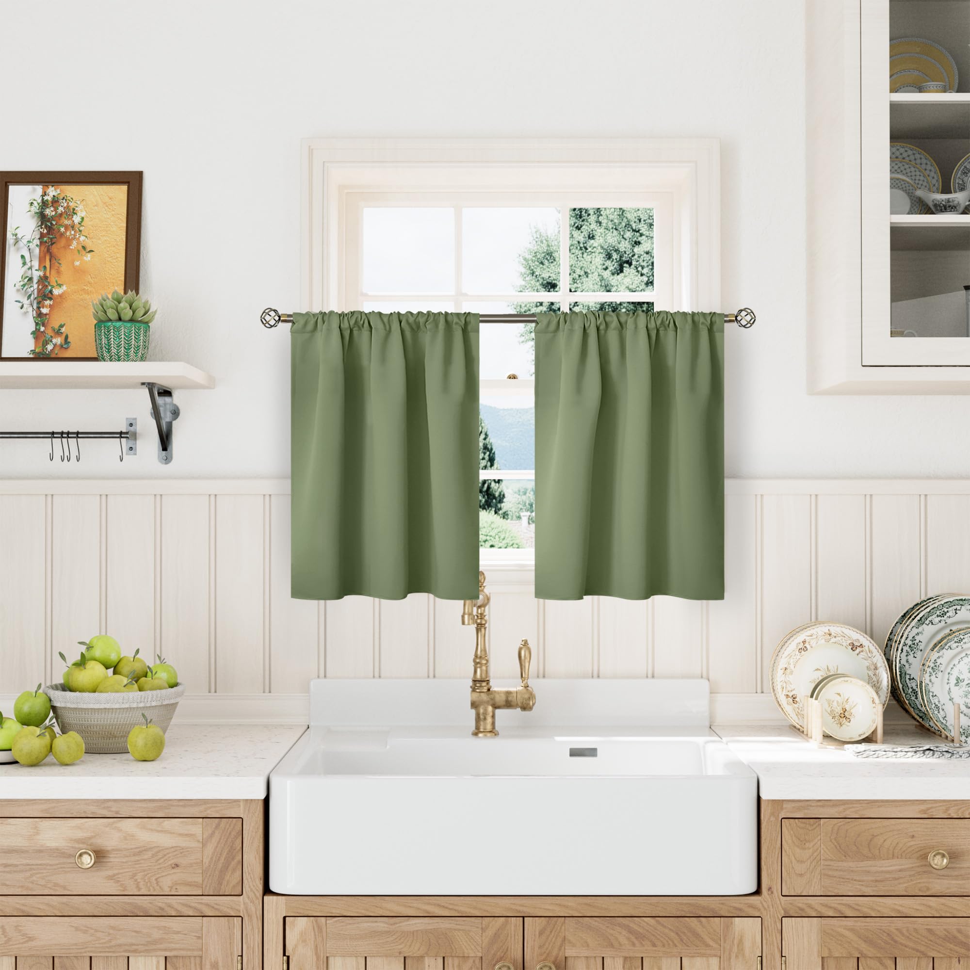 BGment Olive Green Blackout Curtains 36 Inches Long for Kitchen Window Over Sink - Short Half Window Drapes with Rod Pocket Privacy for Cafe Bathroom, 34 x 36 Inch, 2 Panels