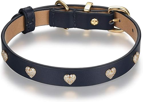 SCAMPER & CO Collar de perro con hebilla chapada en oro amarillo de 18 quilates de bronce de 18 quilates, de piel auténtica con diseño de corazón de