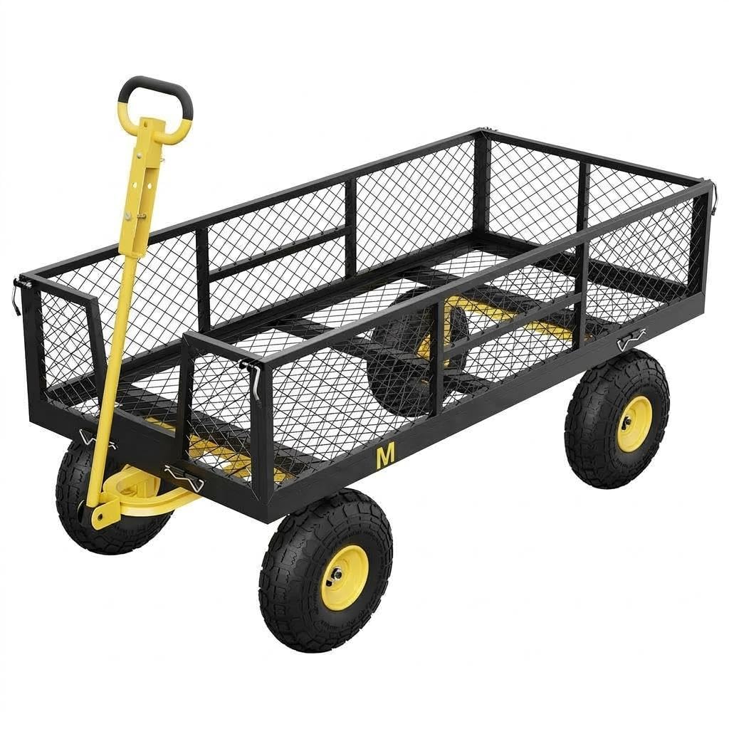 GarveeHome Carrello da giardino robusto 900 kg in acciaio – Sponde rimovibili – Ruote pneumatiche 10'' – Pianale trasformabile – Manico regolabile – Per giardino, prato, fattoria, magazzino