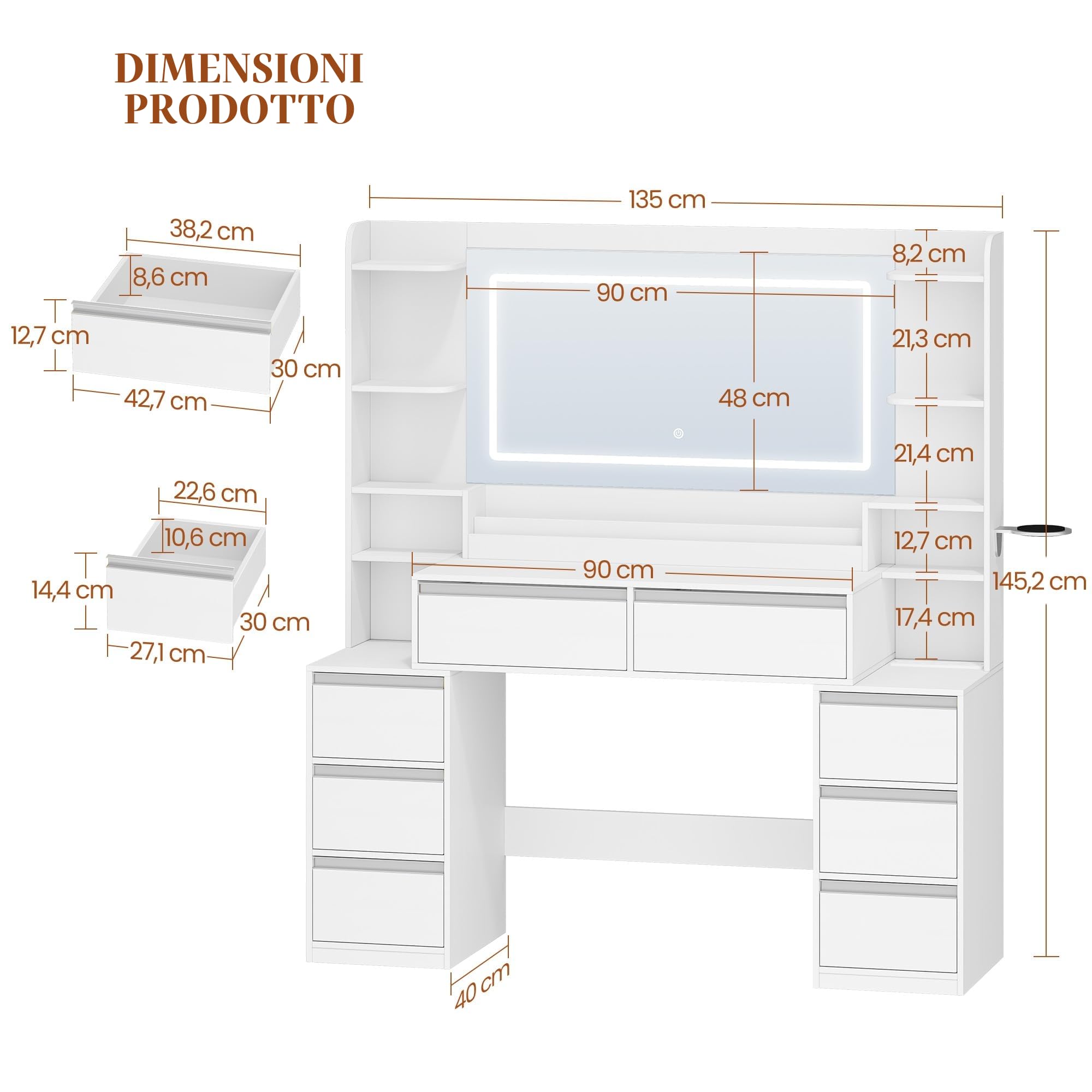 HEXCELEN 135cm Toeletta Trucco con Specchio, Toeletta con LED e Prese, Grande Tavolo da Trucco con Supporto Per Asciugacapelli, 8 Cassetti e Ripiani Aperti, Moderno, Bianco-Argento
