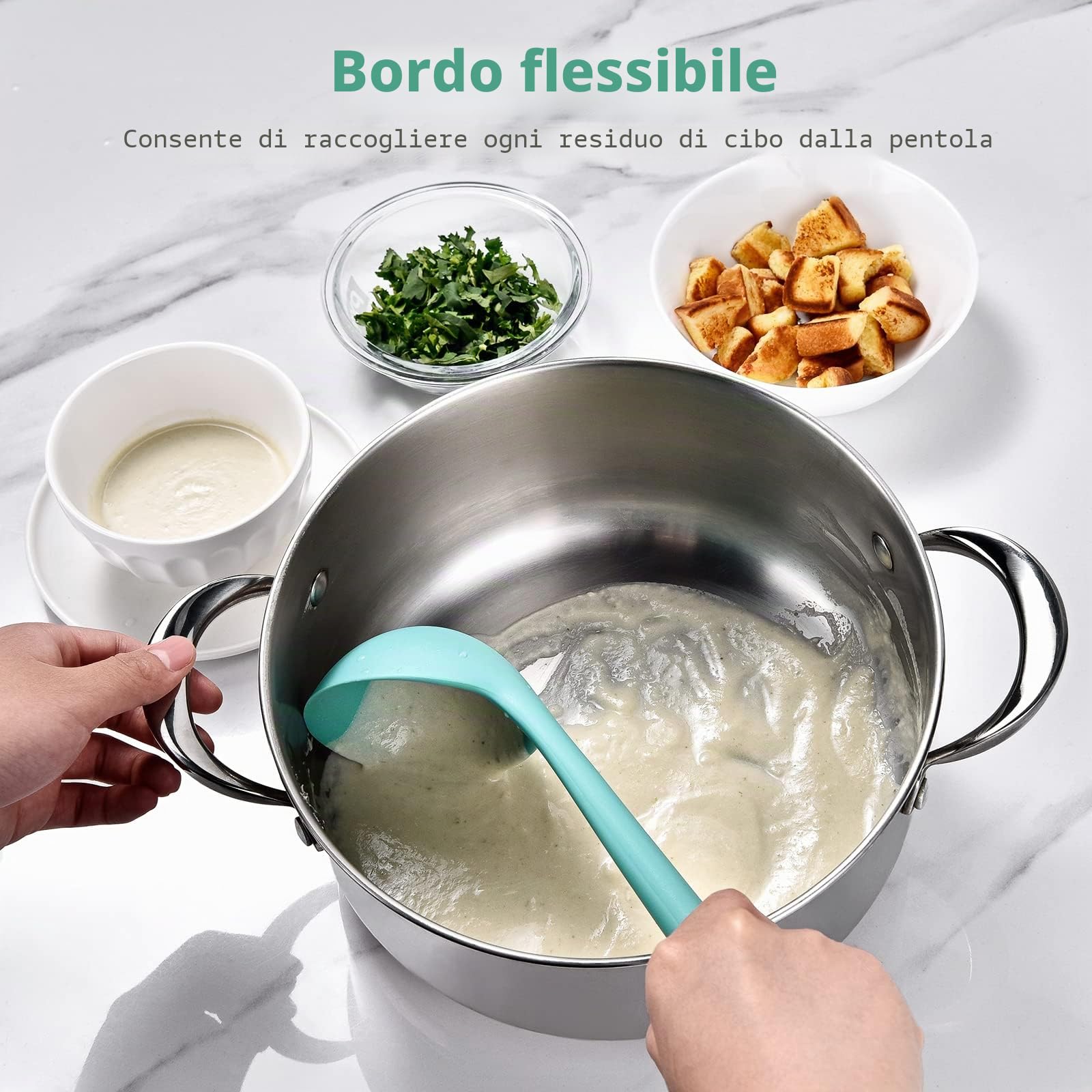 Mestolo da zuppa in silicone da 34cm: U-Taste 315℃ resistente al calore, antiaderente, gomma senza cuciture, cucchiaio da cucina grande con manico lungo e solido antiscivolo (Aqua Sky)